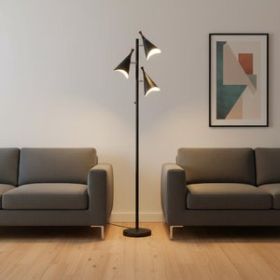 68" Black Three Light Tree Floor Lamp With Black Metal Cone Shade