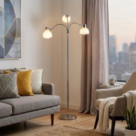 69" Silver Three Light Tree Floor Lamp With White Plastic Bowl Shade