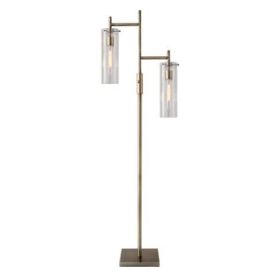 Brass Metal Two Light Novelty Floor Lamp With Clear Glass Drum Shade