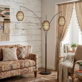 82" Bronze Three Light Tree Floor Lamp With Beige Wicker Cage Shade