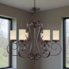Bronze And Cream Six Light Metal Dimmable Chandelier With Shades