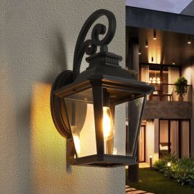 14" Outdoor Wall Lanterns 2-Pack, Black Waterproof Wall Sconce with Clear Glass Panels, Vintage Exterior Light Fixture for Porch, Patio, Garden