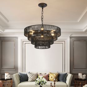 20" Rustic 4-Tier Black Hemp Rope Pendant Light Chandelier with 6 E12 Sockets, Handmade Tiered Boho Ceiling Light Fixture for Dining Room, Kitche
