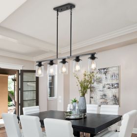 37" Modern Industrial 5-Light Chandelier with Clear Glass Shades, Matte Black Metal Frame Hanging Ceiling Light Fixture for Dining Room
