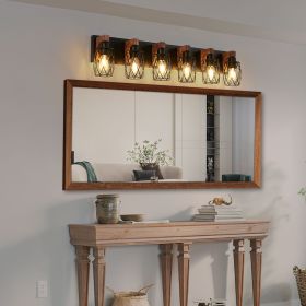 38" Industrial Vintage 6-Light Wall Sconce - Black Cage Wall Lighting Fixture with Wooden Accents for Bathroom, Hallway