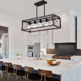 32" Red Wood Industrial Farmhouse Rectangle Pendant Light, 5-Light Chandelier with Lampshade for Dining Room, Kitchen Island, Cafe Decor (No Bulb