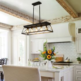 32-inch Black Industrial 5-Light Pendant Chandelier, Modern Metal Cage Design, Adjustable Hanging Light for Dining Room, Kitchen