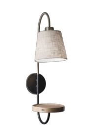 Antique Brass And Black Metal USB Charging Station Wall Lamp With Wood Shelf