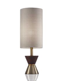 23" Brass Metal And Wood Table Lamp With Beige Drum Shade