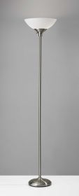 71" Silver Metal Torchiere Floor Lamp With White Bowl Shade