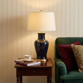 29" Navy Blue And Gold Urn Bedside Lamp With Drum Shade