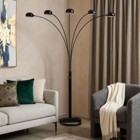84" Black Five Light Arc Floor Lamp With Black Dome Shade