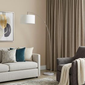 86" White And Silver Arc Floor Lamp With White Drum Shade