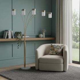 84" Gold And White Five Light Arched Floor Lamp With White Acrylic Drum Shade