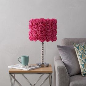 18" Silver Bedside Led Table Lamp With Red Flowers Drum Shade