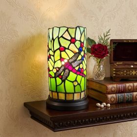 11" Green and Pink Dragonfly Stained Glass Accent Lamp