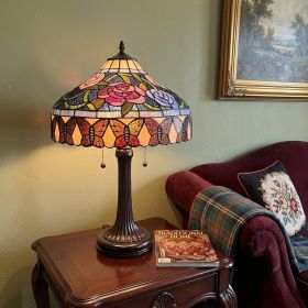 23" Dark Brown Metal Two Light Candlestick Table Lamp With Red and Black Shade