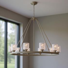 Silver Shaded Ten Light Metal Dimmable Chandelier With White Shades