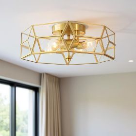 Brass Unique Statement Four Light Metal Dimmable Flush Chandelier With Clear Shades