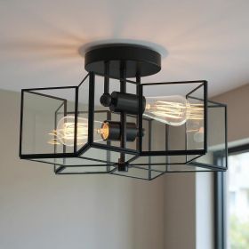 Black Unique Statement Two Light Metal Dimmable Flush Chandelier With Clear Shades