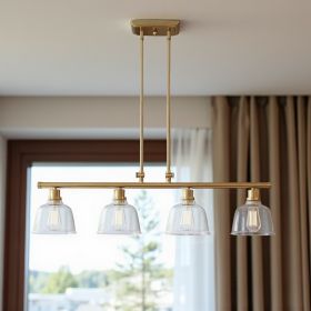 Gold Kitchen Island Four Light Metal and Seeded Glass Dimmable Chandelier With Clear Shades