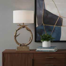 27" Brown Rustic Faux Antlers Table Lamp With White Drum Shade