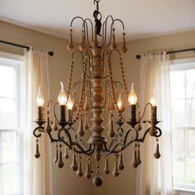 Brown Candle Style Six Light Wood Chandelier