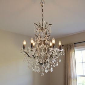 Black Candle Style Six Light Metal and Crystal Glass Chandelier