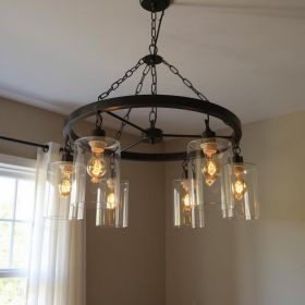 Black Shaded Six Light Metal and Transparent Glass Chandelier With Clear Shades