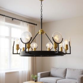 Black And Gold Unique Statement Eight Light Metal Chandelier With Clear Shades