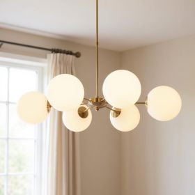 Brass Sputnik Six Light Metal Chandelier With White Shades