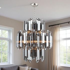 Silver Unique Statement Nine Light Metal and Beveled Glass Chandelier With Silver Shades