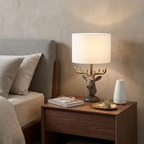 18" Antiqued Bronzed Stag Bust Table Lamp With White Drum Shade
