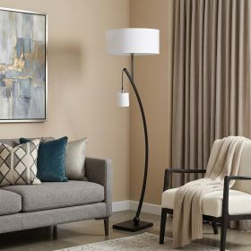 59" Matte Black Dual Arc Floor Lamp With White Drum Shade