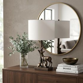 20" Bronze Mom and Baby Deer Table Lamp With White Drum Shade