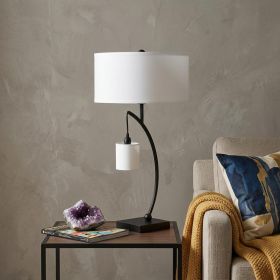 29" Black Metal Two Light Arched Table Lamp With White Drum Shade