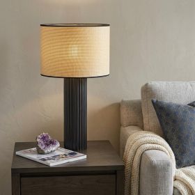 29" Black Ceramic Cylinder Table Lamp With Beige Drum Shade
