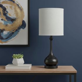 25" Blackened Bronze Metal Round Table Lamp With Off White Drum Shade