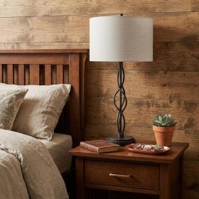 30" Black Metal Candlestick Table Lamp With Off White Drum Shade
