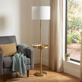 62" Brass Tray Table Floor Lamp With White Square Shade