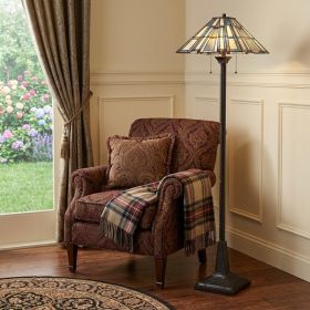 62" Bronze Two Light Traditional Shaped Floor Lamp With Gray and Ivory Abstract Tiffany Glass Empire Shade