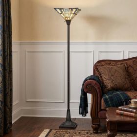 72" Bronze Torchiere Floor Lamp With Gray and Ivory Abstract Tiffany Glass Novelty Shade
