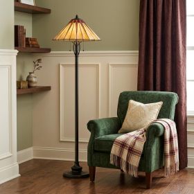 61" Bronze Two Light Traditional Shaped Floor Lamp With Red and Ivory Abstract Tiffany Glass Empire Shade