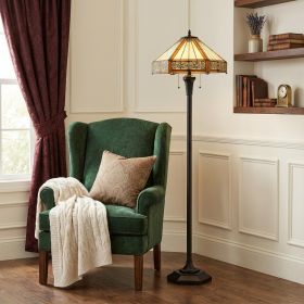 60" Bronze Two Light Traditional Shaped Floor Lamp With Orange and Ivory Abstract Tiffany Glass Empire Shade