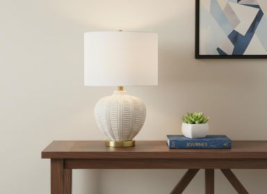 21" Gold and White Urn Table Lamp With Ivory Drum Shade