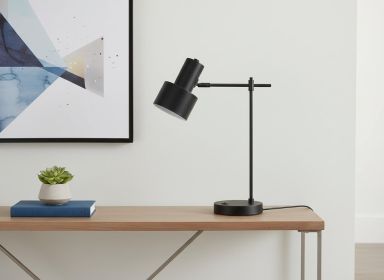 21" Black Metal Round USB Table Lamp With Black Drum Shade