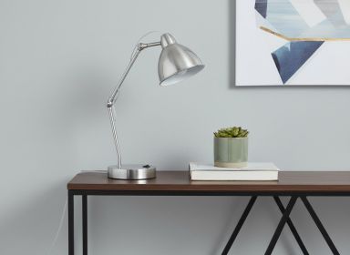 17" Nickel Metal Round USB Table Lamp With Nickel Dome Shade