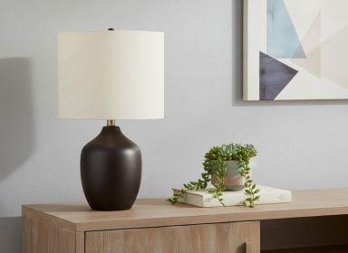 22" Black Ceramic Urn Table Lamp With Ivory Drum Shade