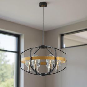 Black Gold And Clear Eight Light Transparent Metal Edison Bulb Dimmable Chandelier With Black And Gold Shades