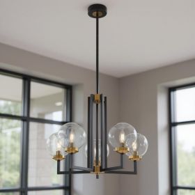 Black Gold And Clear Five Light Transparent Metal Edison Bulb Dimmable Chandelier With Black And Gold Shades